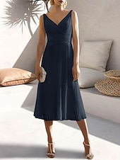 cheap Cocktail Dresses-A-Line Cocktail Dresses Elegant Dress Formal Wedding Guest Tea Length Sleeveless V Neck Chiffon with Ruched Pure Color Dresses