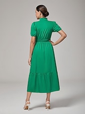 billiga Blommiga klänningar-Dam Vardagsklänning Grön Kort ärm Slät Puffärm Sommar Vår Höst V-hals Drottning Anne Elegant Modern XS S M