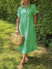 abordables Robe Rayée et Géométrique-Femmes Robe Longue Maxi Robe Robe Chemise Robe Décontractée Mode Extérieur Soirée Fête Coupe régulière Rayé Manche Courte Col de chemise Noir Blanche Jaune Rose Claire Été