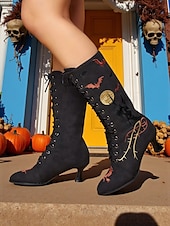 levne Pro ženy-Dámské gotické halloweenské vyšívané šněrovací boty - vintage styl černého kostýmu čarodějnice z roku 1900, podpatky do půli lýtek pro cosplay, večírky a tematické akce