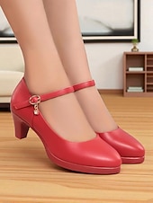 abordables Block Heels-Escarpins Mary Jane rouges à talon moyen pour femmes – chaussures habillées classiques à bout rond avec bride à la cheville et breloque pour dames, idéales pour le bureau, l&#039;église ou les événements semi-formels