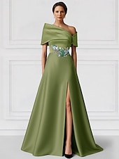 billiga Aftonklänningar-Svartgrön A-linjeformad aftonklänning elegant klänning formell bröllopsklänning golvlång kortärmad bar axelband champagnefärgad klänning till brudens mor satin med glitterficka 2025