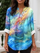 abordables Hauts d&#039;Art et de Design pour Femmes-Femmes Chemisier A Ombre Graphique ancien Quotidien Élégant manche longue Col en V Hauts Réguliers Quotidien Fête Imprimé Bleu Violet Orange Vert Printemps Automne