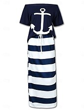 ieftine Rochie cu dungi și geometrică-Pentru femei Set de rochii Rochii Tricou Casual Dunga Cordon Imprimeu Rochie Maxi Manșon scurt De Pe Umăr În aer liber Zilnic Alb Albastru piscină Vară Primăvară Fit regulat