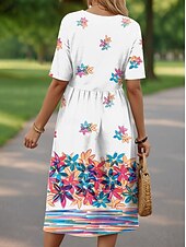 abordables Robe Fleurie-Femmes Robe Midi Robe Tricot Robe Décontractée Robe d&#039;Été Robe trapèze Vacances Occasionnel Chaussures de plage Fête Coupe Ample Fleuri Graphique Manche Courte Col ras du cou Blanche Rose Claire
