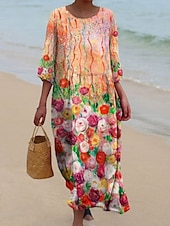 abordables Robe Boho-Femmes Robe Midi Robe Décontractée Robe Imprimée ancien africain Quotidien Plage Week-end Coupe régulière Fleuri Bloc de Couleur Manche 3/4 Col ras du cou Jaune Rose Claire Rouge Printemps Automne