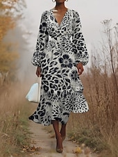 preiswerte Blumenkleid-Damen Midikleid Freizeitkleid Chiffon Schwingkleid Modern Urlaub Täglich Wochenende Normale Passform Blumen Leopard Langarm V Ausschnitt Purpur Dunkelviolett Grau Sommer Frühling Herbst