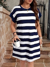 abordables Robes-Femmes Grande taille Robe Décontractée Rayé Col ras du cou Manche Courte Été Printemps Mode Moderne Occasionnel Mini robe Quotidien Fête Robe