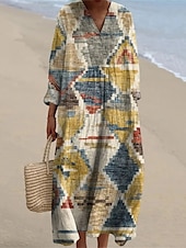 abordables Robes Floraux Imprimés-Femmes Robe Midi Robe Décontractée Robe Imprimée Mode Moderne Quotidien Plage Week-end Coupe régulière Fleuri manche longue Col en V Noir Jaune Vert Printemps Automne