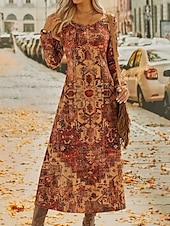 tanie Sukienka boho-Damskie Sukienka maxi Sukienka t-shirtowa Sukienka A line Letnie sukienki Urlop Codzienny Styl plażowy Codzienny Regularny Graficzny W Tureckie Wzory Długi rękaw Półgolf Niebieski Żółtobrązowy Szary