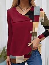 billige Stripe og geometrisk t-skjorte-Dame T skjorte Grafisk Geometrisk Mote Fritid Langermet Crew-hals Vanlige topper Daglig Lapper Knapper Trykt mønster Rød Blå Brun Grønn Vår Høst Vinter