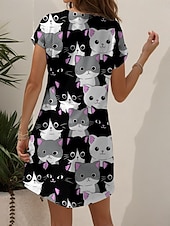 preiswerte Tiere kleiden-Damen Minikleid Freizeitkleid T-Shirt-Kleid A Linie Kleid Sommerkleid Urlaub Lässig Ferien Normale Passform Grafik Tiermotiv Katze Kurzarm Rundhalsausschnitt V Ausschnitt Schwarz und Weiß Gelb Rosa
