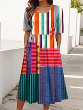 ieftine Rochie cu dungi și geometrică-Pentru femei Rochii Midi Rochie de vară Rochie plisata Vacanță Casual Concediu Fit regulat Grafic Geometric Abstract Manșon Jumate Stil Nautic Negru Albastru piscină Portocaliu Trifoi Vară Primăvară