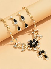 abordables Collar de mujer-Conjunto de collar y pendientes de cristal azul bañados en oro para mujer con diseño floral: elegante joyería de fiesta para eventos formales y celebraciones nocturnas.