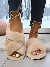 ieftine Flip-Flops de Damă-Papuci pufoși încrucișați pentru femei cu vârful deschis – sandale confortabile din blană artificială pentru interior, pentru iarnă, relaxare și dormitor