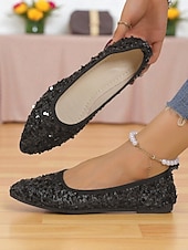 abordables Ballerines femme-Ballerines à bout pointu et paillettes noires pour femmes - élégantes chaussures de soirée à enfiler pour une marche confortable, idéales pour les mariages, les soirées et les tenues de vacances