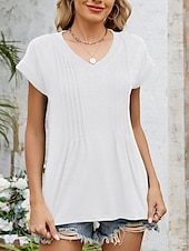 abordables T-shirt uni-Femmes Hauts d&#039;été Couleur Unie Élégant Occasionnel Manche Courte Col en V Hauts Réguliers Quotidien Froncé Vert cendré Noir Blanche Vin Été Printemps