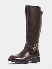 abordables Botas para montar-Botas de montar hasta la rodilla para mujer en color café con detalle de hebilla: botas clásicas de piel sintética de pantorrilla ancha para otoño, viajes y uso diario.