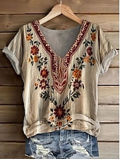 billige Boho t-skjorte-Dame T skjorte Blomstret Grafisk Paisly Bohem Årgang Stilfull Kortermet V-hals Vanlige topper Daglig Ut på byen Helg Trykt mønster Rød Lysebrun Grønn matt-hvit Sommer Vår