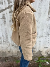 levne Sherpa bundy-Dámské Šerpa bunda Zahřívací Pohodlné Kapsy Střih z umělé kožešiny Módní Denní Bez vzoru Venkovní Ležérní Denní Jednořadé Standardní Klopa Běžný Dlouhý rukáv Svrchní oděvy Černá Khaki Šedá Jaro Podzim
