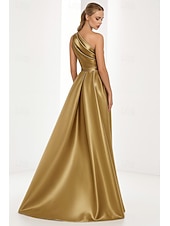cheap Ball Gown Evening Dresses-Mermaid Trumpet Floor Length Evening Gown Elegant Glittering Celebrity Style Sleeveless One Shoulder Garden Party Wedding Satin with Pleats Ruched Overskirt