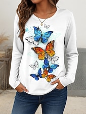 Женская футболка с круглым вырезом длинным рукавом туника графическая бабочка винтажная повседневная обычные топы ежедневный принт красный синий радужный весна осень Недорогие Животные пьют-Женская футболка с круглым вырезом длинным рукавом туника графическая бабочка винтажная повседневная обычные топы ежедневный принт красный синий радужный весна осень