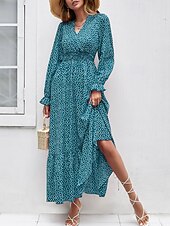 preiswerte Elegante Blumenkleider-Damen Langes Kleid Maxikleid Freizeitkleid Druckkleid Mode Modern Täglich Strand Wochenende Normale Passform Blume Langarm V Ausschnitt Schwarz Rote Blau Grün Sommer Frühling Herbst