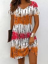 preiswerte Kunst &amp; Design Kleider-Damen Minikleid Strickkleid Freizeitkleid T-Shirt-Kleid Sommerkleid Urlaub Lässig Boho Strand Normale Passform Ombre Grafik Geometrisch Kurzarm V Ausschnitt Rosa Blau Orange Grün Sommer Frühling