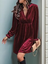 preiswerte Einfaches Kleid-Damen Minikleid Samtkleid Freizeitkleid Mode Modern Täglich Date Wochenende Normale Passform Einfach Langarm V Ausschnitt Wein Marineblau Orange Grün Herbst Winter