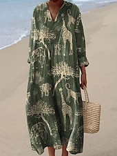 abordables Robes Floraux Imprimés-Femmes Robe Midi Robe Décontractée Robe Imprimée Mode Moderne Quotidien Plage Week-end Coupe régulière Fleuri manche longue Col en V Noir Jaune Vert Printemps Automne