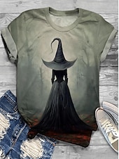 levne Halloweenské topy-Halloween Dámské Tričko Grafika předvečer Všech svatých Čarodějnice Vinobraní stylové Klasické Krátký rukáv Tričkový Běžné topy Denní Víkend Tisk Šalvějová zeleň Žlutá Vodní modrá Oranžová Šedá Léto