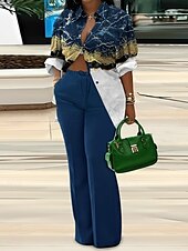 ieftine Costume de bluză de damă-Pentru femei Modă Șic Stradă Zilnic Seturi de pantaloni Manșon Lung Guler Cămașă Plisat Gradiant Imprimeu Casual Zilnic Galben Bleumarin Albastru piscină Vară Potrivire Largă