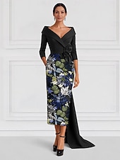 ieftine Rochii de seară pentru bal-Rochie de seară A-line Negru Elegantă Rochie Formală Nuntă Lungime până la podea Mâneci jumătate Guler cămașă Satin cu Fisura Broderie