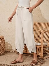 economico Pantaloni in lino e cotone semplici-Per donna Pantaloni in cotone e lino Chinos Moda Essenziale Lunghezza intera Vita Alta Semplice Tasca Coulisse Comodità All&#039;aperto Micro-elastico Vacanza Streetwear Quotidiano Esercito verde Nero Blu