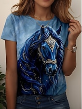 abordables T-shirt Animaux-Femmes T-shirt Graphique Animal Cheval ancien Mode Élégant Manche Courte Col ras du cou Col rond Hauts Réguliers Quotidien Week-end Imprimé Marron clair Bleu Bleu Poudré Été Printemps