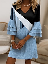 preiswerte Streifen- und geometrische Kleider-Damen Minikleid Sommerkleid A Linie Kleid Stilvoll Lässig Party Normale Passform Grafik Geometrisch Abstrakt Dreiviertelarm V Ausschnitt Blau Purpur Grün Khaki Sommer Frühling