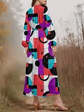 preiswerte Kunst &amp; Design Kleid-Damen Midikleid Freizeitkleid Chiffon Schwingkleid Modern Urlaub Täglich Wochenende Normale Passform Geometrisch Langarm V Ausschnitt Schwarz Blau Purpur Orange Sommer Frühling Herbst