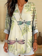 abordables Animaux Tops-Femmes Chemisier Graphique Animal Libellule ancien Tropical Quotidien manche longue Col en V Hauts Longs Quotidien Fête Tenue de plage Imprimé Champagne Rose Claire Bleu Violet Vert Été Printemps