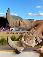 abordables Cowboy et bottes occidentales-Bottes de cowboy en daim souples pour femmes - Bottes mi-mollet à boucle western avec talon bas, chaussures d&#039;équitation décontractées pour l&#039;extérieur et les festivals de musique