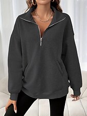 baratos Tops Simples-Mulheres Moletom Tecido Casual Manga Longa Gola Alta Tops regulares Rua Dia a Dia Patchwork Zíper Preto Fúcsia Cinzento Escuro Bege Cinzento Outono Inverno