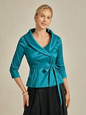 billiga Dressiga toppar-Dam Blus Kvällstoppar Elegant Metallisk Stylish 3/4 ärm V-hals Vanliga toppar Bröllopsgäst Kvällsfest Semiformell knyt fram Djupblå Vår, Höst, Vinter, Sommar