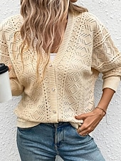 preiswerte Damen Einfache Oberteile-Damen Pullover Strickjacke Mode Streetwear Täglich Einfarbig Gerippt V Ausschnitt Gestrickt Loch Langarm Normale Oberteile Stricken Ferien Ausgehen Wochenende Aprikose Frühling Herbst