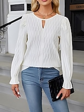 preiswerte Damen Einfache Oberteile-Damen Bluse Einfarbig Elegant Stilvoll Basic Langarm Rundhalsausschnitt Normale Oberteile Täglich Schwarz Weiß Blau Khaki Sommer Frühling