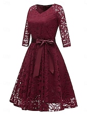 economico Abiti in chiffon-Per donna Abito Midi Abito in Pizzo Abito da Cocktail Abito da invitata a nozze Chiffon Elegante Moda Moderno All&#039;aperto Cocktail party Vestibilità regolare Semplice Manica 3/4 Scollo a V Rosa Vino