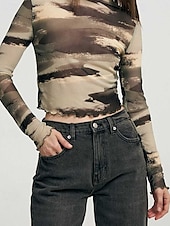 voordelige Bloemen tops-Dames T-shirt Luipaard Modieus Modern Lange mouw Strakke ronde hals Normale tops Dagelijks Netstof Kastanjebruin Licht Bruin Bruin Zomer
