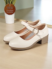 levne Block Heels-Dámské Podpatky Bílé boty Kancelář Práce Přezky Blokovat patu Oblá špička Pohodlné Chůze Kůže Spona Černá Béžová