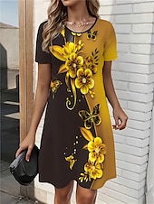 ieftine Tipăriți rochii florale-Pentru femei Rochii Midi Rochie imprimata Modă Modern Zilnic Petrecere ceai Ieșire Potrivire Largă Floral Abstract Manșon scurt Stil Nautic Negru Galben Albastru piscină Albastru Închis Vară Primăvară