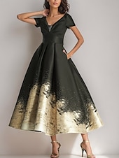 preiswerte Cocktailkleider-Schwarzes, goldenes A-Linien-Cocktailkleid, elegantes Kleid für formelle Hochzeiten, knöchellang, kurze Ärmel, V-Ausschnitt, Tasche, Satin mit Blumendruck 2025