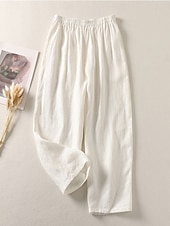baratos Calça de linho de algodão simples-Mulheres Calças de linho de algodão chinês Estilo Étnico Básico Casual Comprimento total Cintura Alta Tecido Bolsos Com Cordão Conforto Exterior Com Stretch Férias Rua Diário Preto Branco fúcsia