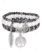 economico Bracciale da donna-Set di bracciali da donna in stile boho con perline turchesi, con ciondolo a forma di albero della vita e piuma, elastico, perline in pietra naturale, adatti per abbigliamento casual, feste e regali.